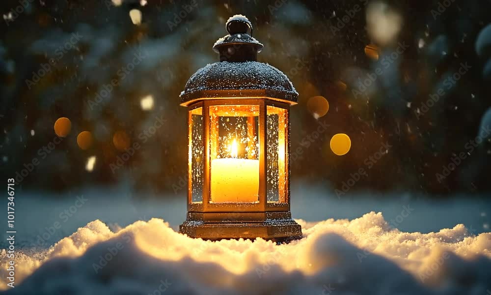 A glowing lantern surrounded by snowflakes in a winter setting. A glowing lantern surrounded by snowflakes in a winter setting.