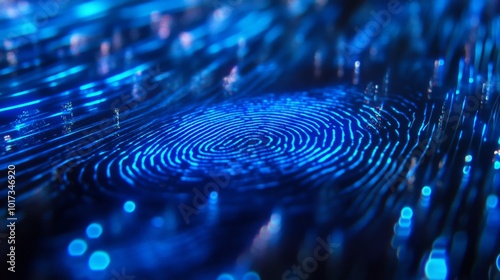 Abstract digital fingerprint with blue glowing lines, creating a futuristic and technological feel.