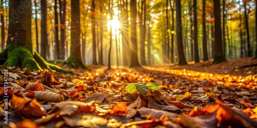 Golden Sunlight Filters Through Autumn Trees, Illuminating a Path of Fallen Leaves and a Single Green Sprout