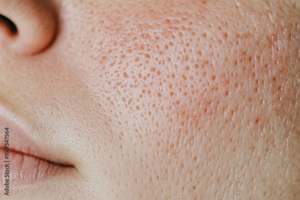 Obraz premium A closeup of problematic skin with visible acne and redness before treatment against a neutral background, ideal for skincare tutorials and product use.