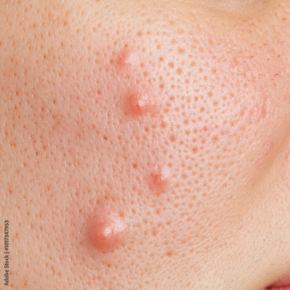 Fototapeta premium A closeup of problematic skin with visible acne and redness before treatment, set against a neutral background, ideal for skincare tutorials and product use.