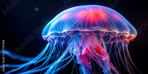 An ethereal jellyfish, its translucent bell glowing with a vibrant luminescence, dances through the inky depths, its delicate tentacles trailing behind like shimmering ribbons in the water's embrace.