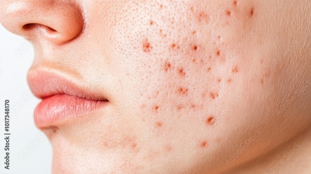 A closeup of problematic skin with visible acne and redness before applying treatment, set against a neutral background for skincare tutorials and product use. A closeup of problematic skin with visible acne and redness before applying treatment, set against a neutral background for skincare tutorials and product use.