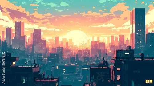 Wallpaper Mural pixel art Pixelated cityscape sunset, tall buildings, orange sky. Suitable for digital backgrounds, social media graphics, web design, and technologythemed projects. Torontodigital.ca