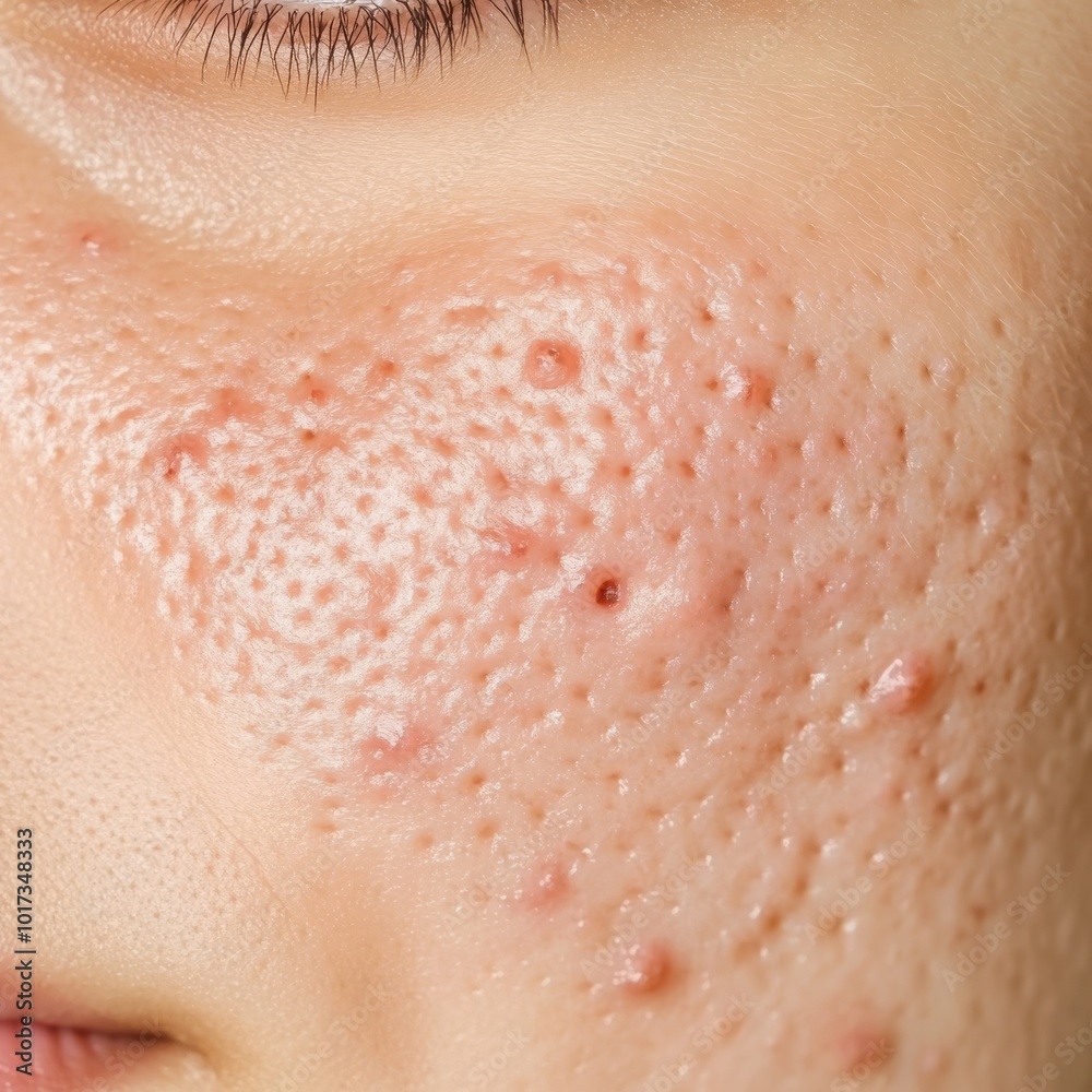 Fototapeta premium A closeup of problematic skin with visible acne and redness before treatment, set against a neutral background, ideal for skincare tutorials and product use.