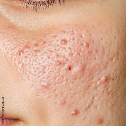 A closeup of problematic skin with visible acne and redness before treatment, set against a neutral background, ideal for skincare tutorials and product use.