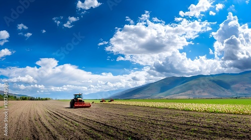 Aerial view of a harvester and tractors working in a vast expansive countryside field harvesting potatoes under a bright blue sky with fluffy white clouds