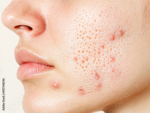 A closeup of problematic skin with visible acne and redness before treatment on a neutral background, ideal for skincare tutorials and product usage. photo