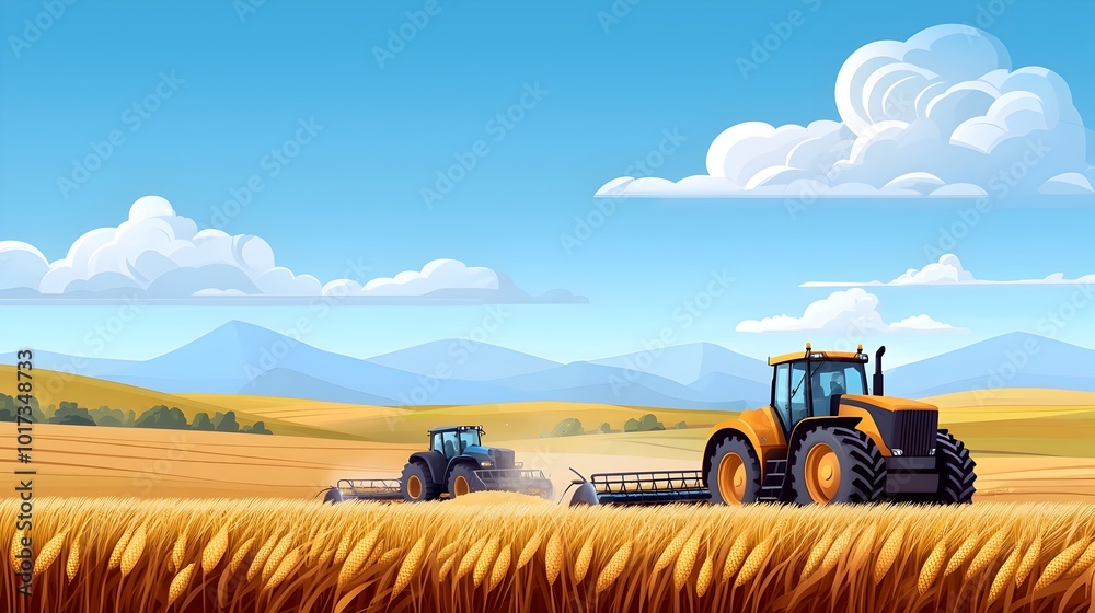 Obraz premium Futuristic Cybernetic Potato Harvest in Picturesque Rural Landscape with Blue Sky and Fluffy Clouds Monochromatic Aerial View of Tractors and Harvester Working Productively in the Fields