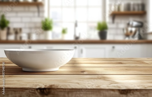Wallpaper Mural Empty white bowl on a wooden table in a kitchen with blurred background. Torontodigital.ca