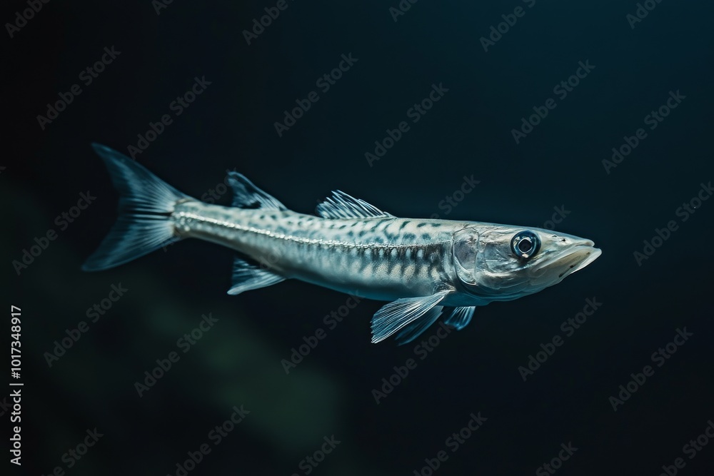the beside view Guachanche Barracuda, left side view, white copy space on right, Isolated on dark Background the beside view Guachanche Barracuda, left side view, white copy space on right, Isolated on dark Background