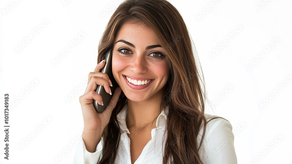 Businesswoman smiling, speaking on phone, white background. Businesswoman smiling, speaking on phone, white background.