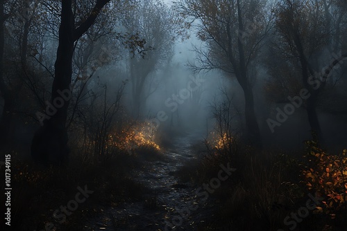 A misty forest path illuminated by soft glows, evoking mystery.