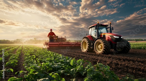 Aerial view of harvesters and tractors efficiently collecting potatoes in a picturesque countryside field with a bright sky and clouds overhead