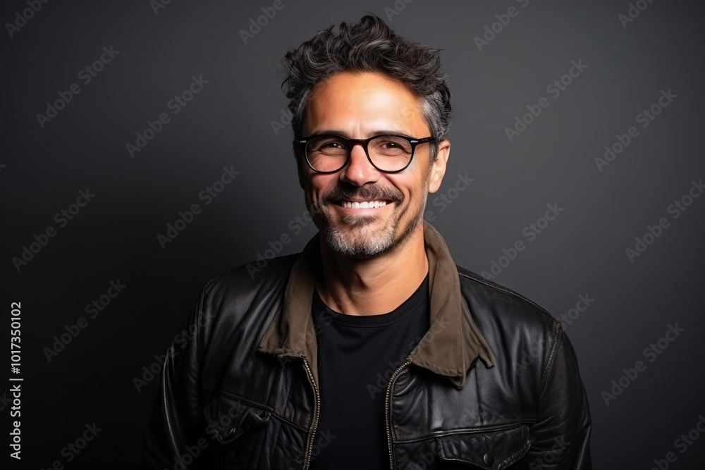 Portrait of a handsome man with glasses and a leather jacket. Portrait of a handsome man with glasses and a leather jacket.