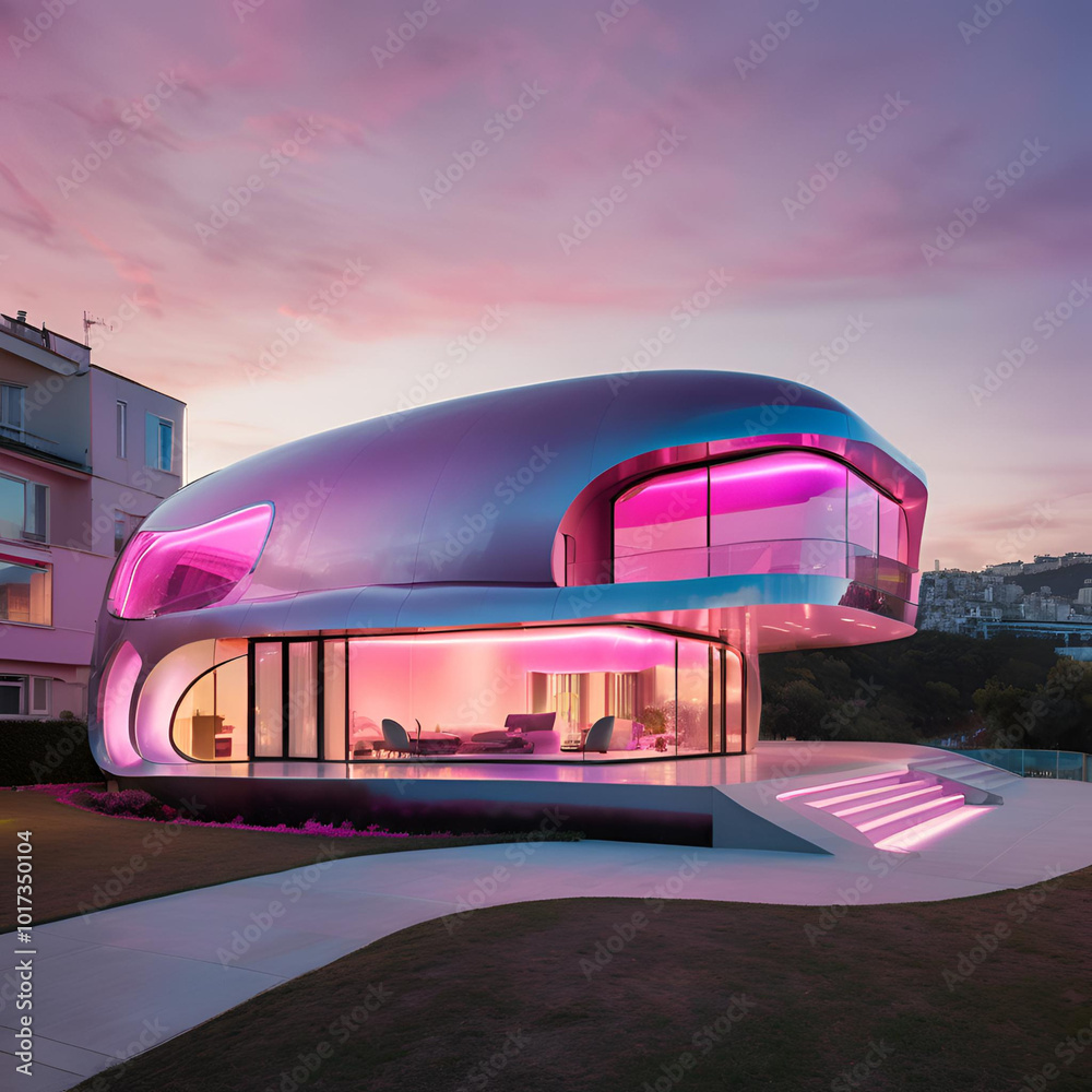 Obraz premium Architecturally striking futuristic house with dynamic lines and smart technology. Great for projects focused on modern design and sustainable architecture.
