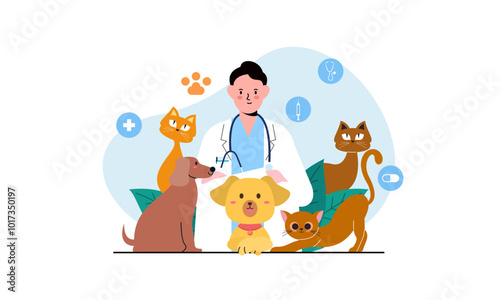 Pet veterinarian concept. Veterinary doctor checking and treating illustration