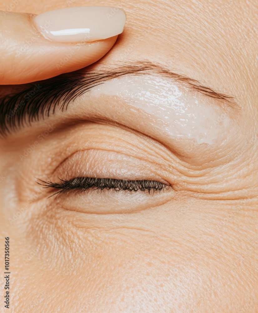 Fototapeta premium A high-resolution image of a woman applying anti-aging cream to her forehead to reduce wrinkles, with a neutral soft-textured background focusing on her face and skincare.