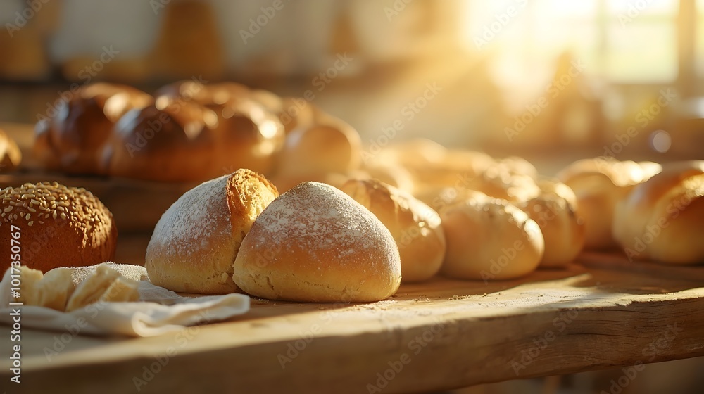 Freshly Baked Organic Breads and Pastries in Rustic Farm to Table Artisanal Display Setting Freshly Baked Organic Breads and Pastries in Rustic Farm to Table Artisanal Display Setting