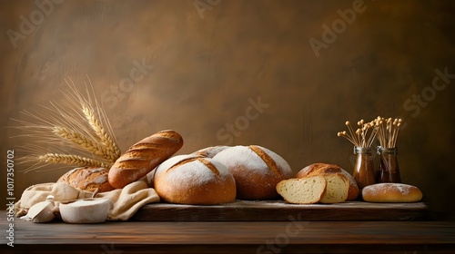 Mouthwatering array of freshly baked organic bakery products including breads pastries and other baked goods set in a cozy rustic farm to table inspired scene photo