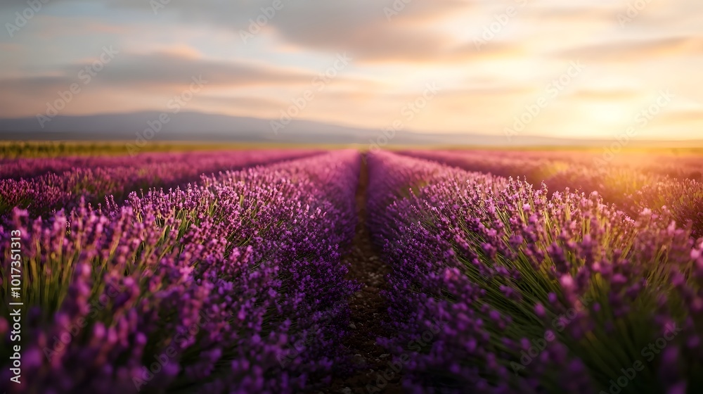 Obraz premium Scenic view of an organic lavender field in vibrant shades of purple showcasing the beauty of sustainable farming and the tranquility of natural landscapes