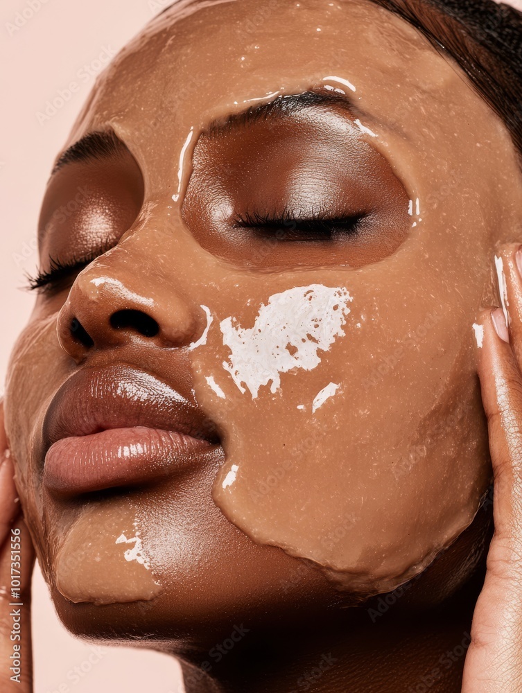 A woman with dry flaky skin applying a rich hydrating mask, focusing on her skin texture and the moisturizing process with a soft warm background for skincare. A woman with dry flaky skin applying a rich hydrating mask, focusing on her skin texture and the moisturizing process with a soft warm background for skincare.