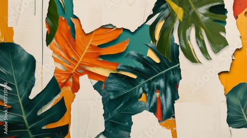 Torn paper with tropical leaves and colorful background.