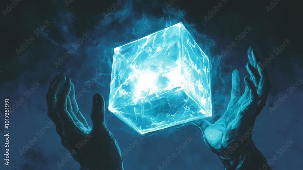 Fototapeta premium Two hands hold a glowing blue cube in the air.