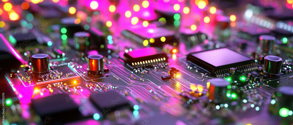 Close up of circuit board with vibrant, colorful lights illuminating electronic components, showcasing intricate details and technology. glowing pulses create dynamic and energetic atmosphere Close up of circuit board with vibrant, colorful lights illuminating electronic components, showcasing intricate details and technology. glowing pulses create dynamic and energetic atmosphere