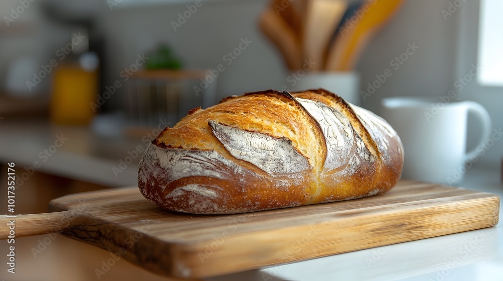 Freshly baked organic bread loaf just out of the oven sitting on a wooden table in a cozy rustic farmhouse kitchen Captures the warm homemade aroma and artisanal appeal of farm to table baking Freshly baked organic bread loaf just out of the oven sitting on a wooden table in a cozy rustic farmhouse kitchen Captures the warm homemade aroma and artisanal appeal of farm to table baking
