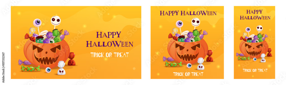 Fototapeta premium Halloween stories, banner, post with scary pumpkin full of spooky sweets. Trick or treat illustration set.