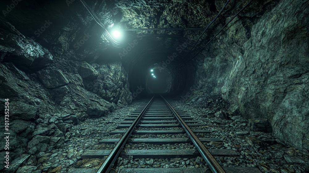 Naklejka premium A Dark and Eerie Train Track Tunnel