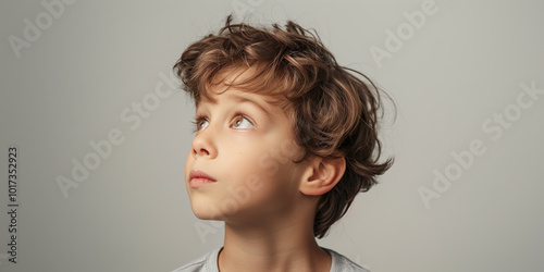 Thoughtful Boy Gazing Upwards with Curly Hair in Soft Lighting