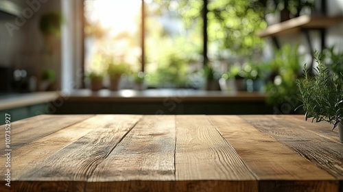 Wooden Tabletop with Blurred Kitchen Background and Plant