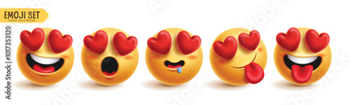 Emoji in love characters vector set. Emojis emoticon 3d icon collection in happy, funny, cute, love, heart and obsessed facial expression graphic elements. Vector illustration emoticon in love 