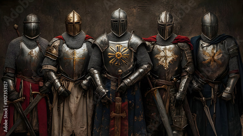Five armored knights standing together, showcasing medieval attire.