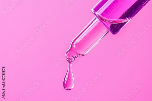 A macro shot of a face serum dropper dispensing a clear liquid onto a smooth, flawless skin surface against a minimalist background, ideal for luxury skincare promotions.