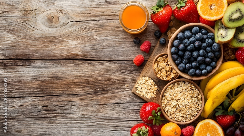 Delicious and nutritious organic breakfast spread arranged with whole grains fresh seasonal fruits and other natural ingredients on a rustic wooden table in natural lighting Delicious and nutritious organic breakfast spread arranged with whole grains fresh seasonal fruits and other natural ingredients on a rustic wooden table in natural lighting
