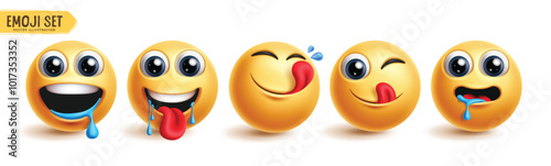 Emoji hungry characters vector set. Emojis 3d yellow icon in hungry, craving, thirsty and leaking facial expression in white isolated background. Vector illustration for graphic design elements. 
