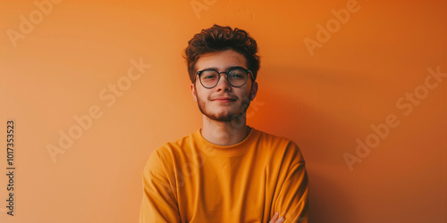 Confident Young Man in Stylish Glasses Against a Vibrant Orange Background