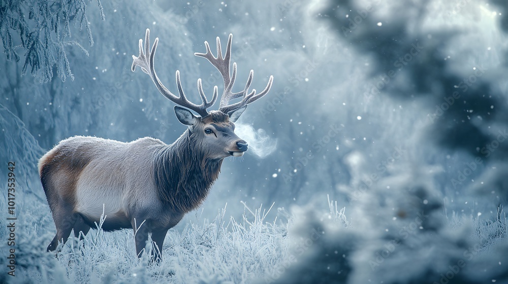 A Majestic Deer in a Frosty Winter Forest A Majestic Deer in a Frosty Winter Forest