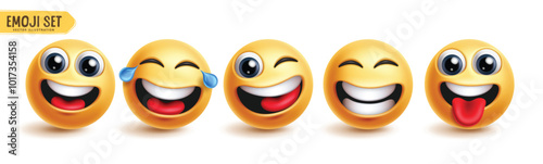 Emoji funny emoticons characters vector set. Emojis emoticon with fun face, laugh, happy, smiling, enjoy, cute and friendly facial expressions graphic character collection. Vector illustration emojis 