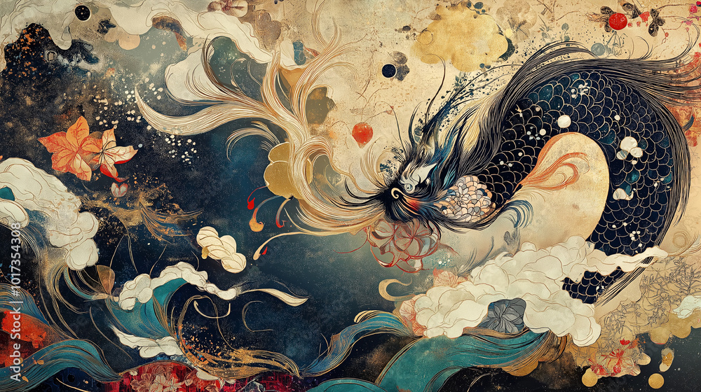 和風アート|神秘的な龍が舞う幻想的な風景 Stock Illustration | Adobe Stock