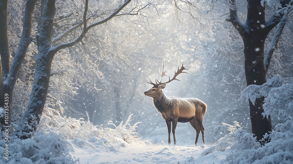 Majestic Red Deer Buck Standing in a Snowy Winter Forest Majestic Red Deer Buck Standing in a Snowy Winter Forest