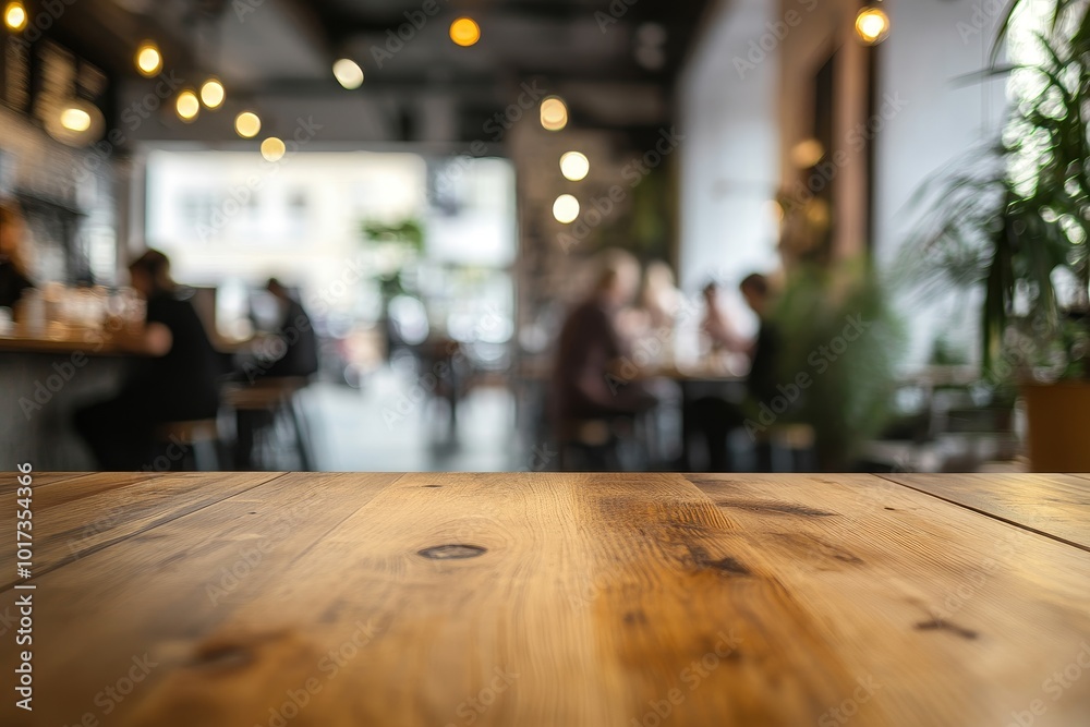 Wooden table top with blurred background of a cafe. Wooden table top with blurred background of a cafe.