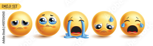 Emoji crying emoticon characters vector set. Emojis emoticons in sad face, cry, eye tears, happy and disappointed facial expression 3d graphic elements collection. Vector illustration emojis crying 