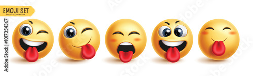 Emojis naughty emoticon characters vector set. Emoji emotions facial expression in happy, funny, joyful, smiling and winking face character collection. Vector illustration emojis naughty icon 