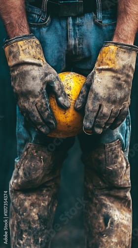 Worker holding a yellow ball, dressed in worn protective gear. photo