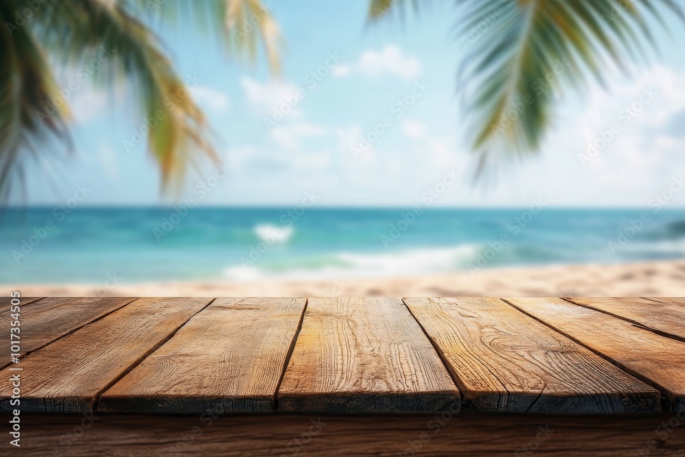 Fototapeta premium A wooden table top with a blurred background of a beach with blue water and palm trees.