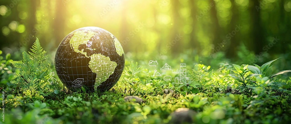 A 3D globe resting on lush green foliage in a forest, with light shining through the trees. A 3D globe resting on lush green foliage in a forest, with light shining through the trees.